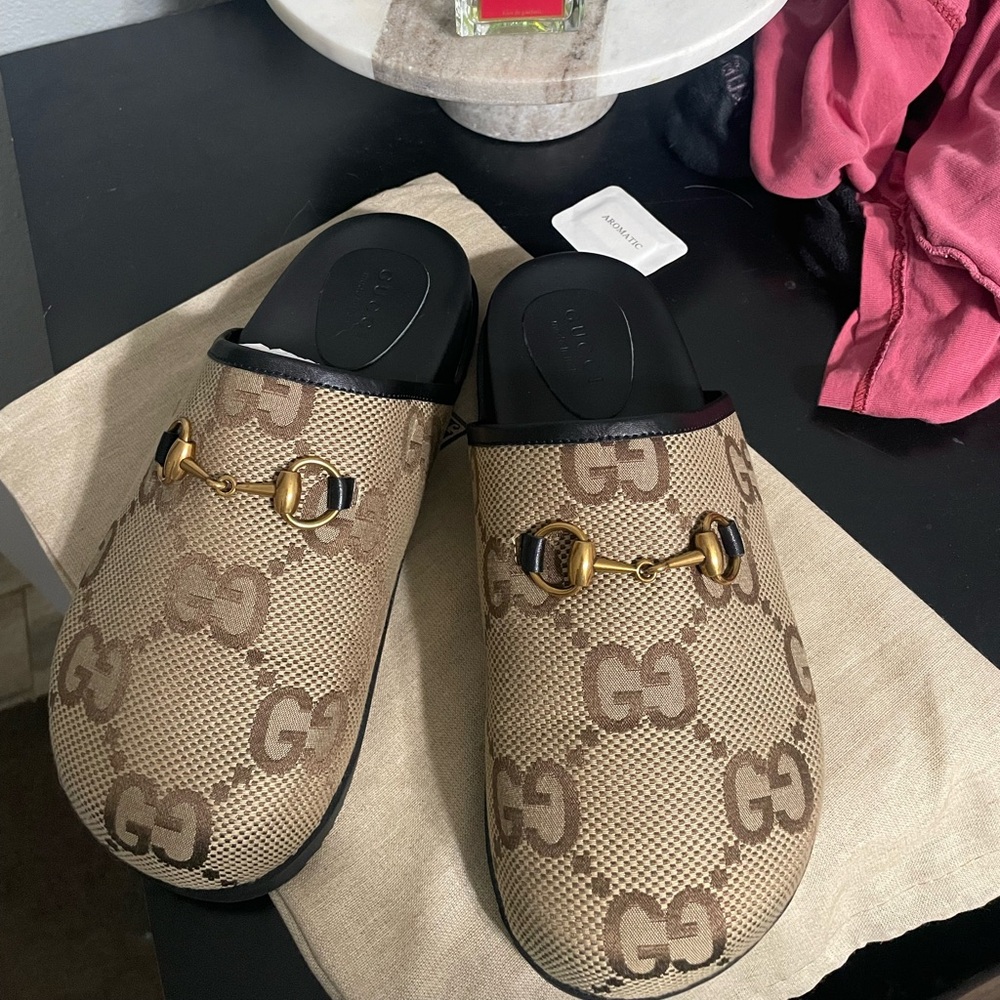 Faux Gucci Beige and Brown GG Canvas Slip-Ons